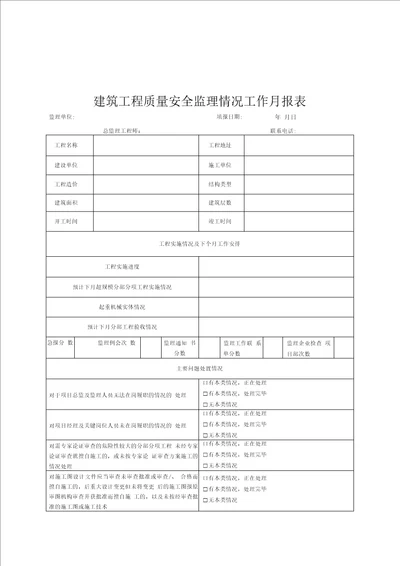 建筑工程质量安全监理情况工作月报表