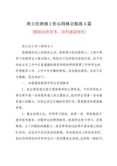 班主任班级工作心得体会精选5篇