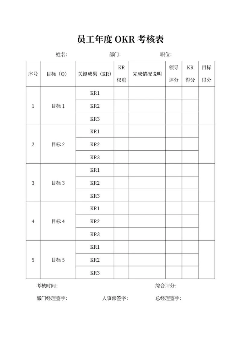 员工年度OKR考核表word模板