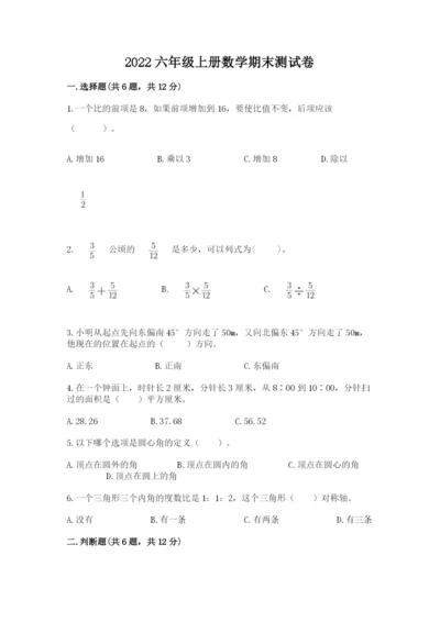 2022六年级上册数学期末测试卷及参考答案【精练】.docx