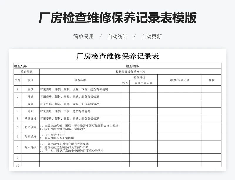 厂房检查维修保养记录表模版
