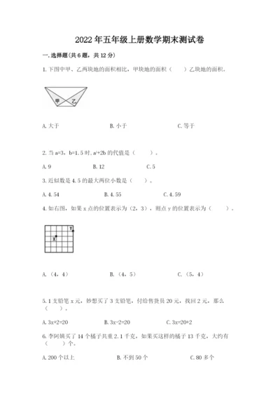 2022年五年级上册数学期末测试卷带答案（达标题）.docx