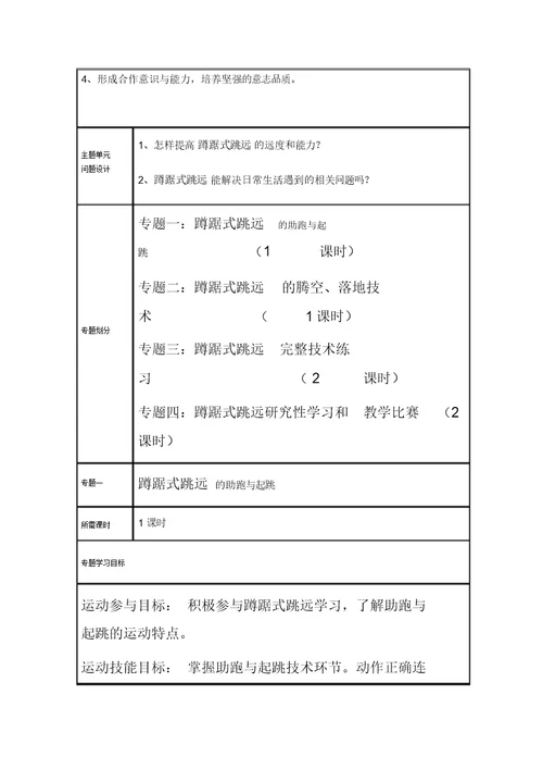 初中体育《蹲踞式跳远》主题单元教学设计