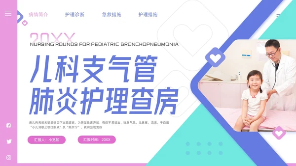 粉紫简约儿科支气管肺炎护理查房PPT模板宣传PPT动态PPT儿科护理