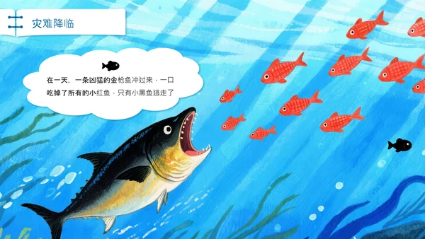 蓝色插画风小黑鱼会勇敢与团队协作PPT