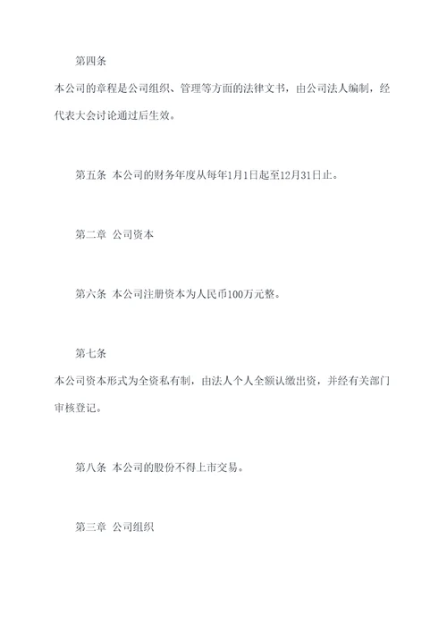 最新一个人的公司章程