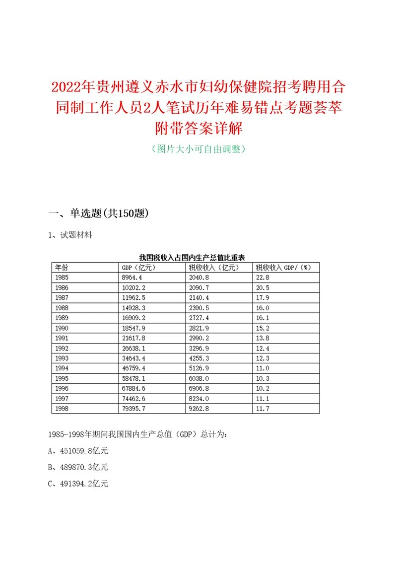 2022年贵州遵义赤水市妇幼保健院招考聘用合同制工作人员2人笔试历年难易错点考题荟萃附带答案详解