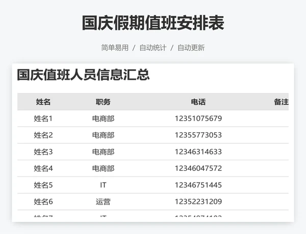 国庆假期值班安排表
