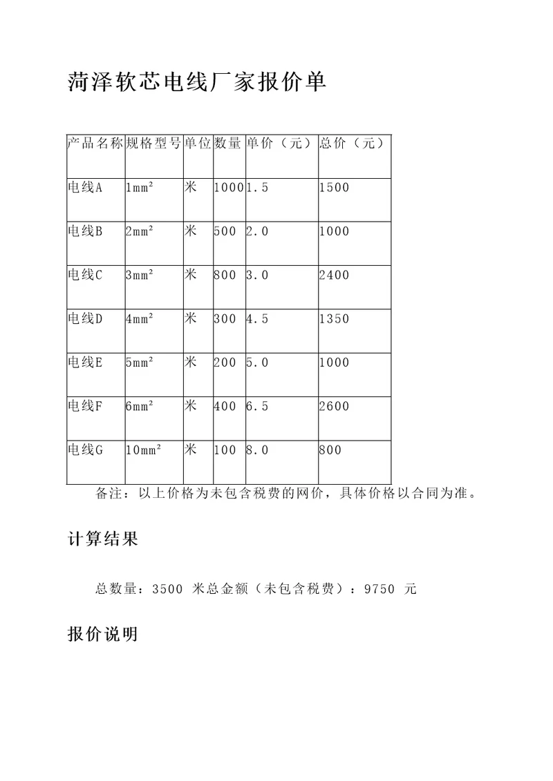 菏泽软芯电线厂家报价单