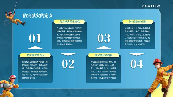 蓝色卡通插画风防灾减灾意识主题班会PPT模板