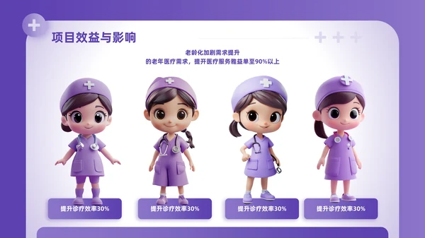紫色3D卡通医疗工作汇报PPT模板