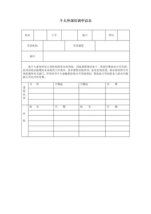 个人外部培训申请表