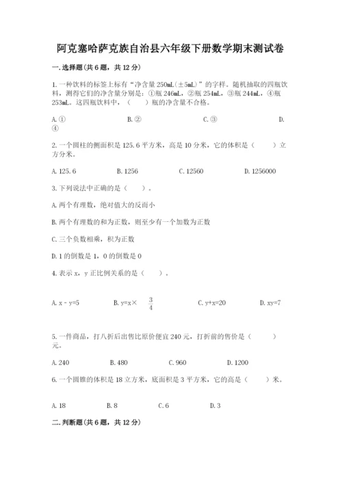 阿克塞哈萨克族自治县六年级下册数学期末测试卷及一套完整答案.docx