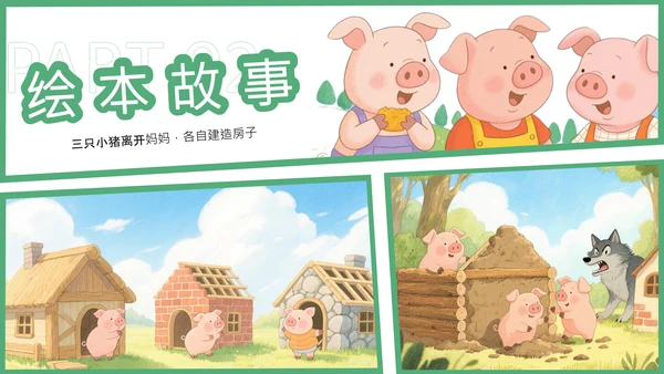 绿色卡通风三只小猪安全意识培养PPT