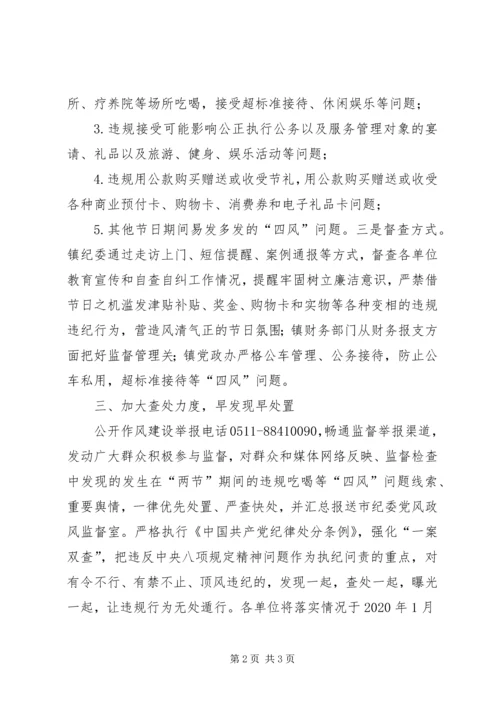 XX年两节期间开展违规吃喝等“四风”问题督查方案.docx