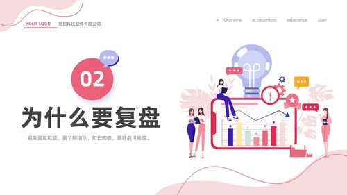 粉色简约商务插画风工作复盘工作总结PPT