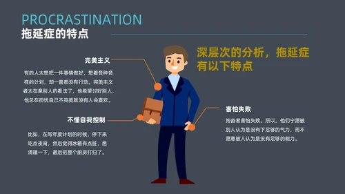 灰色简约扁平卡通战胜拖延症动态PPT