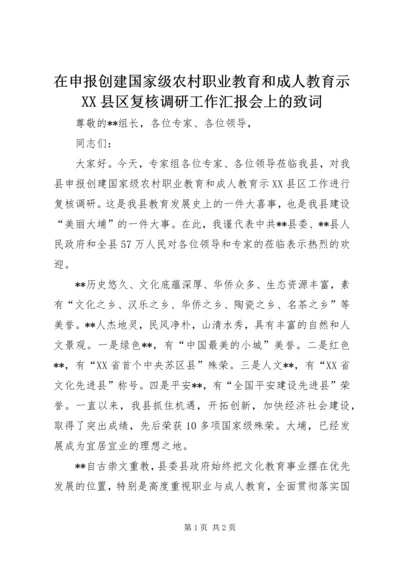在申报创建国家级农村职业教育和成人教育示XX县区复核调研工作汇报会上的致词.docx