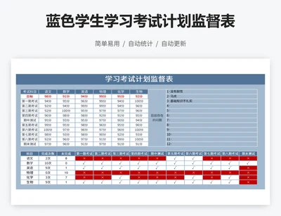 蓝色学生学习考试计划监督表
