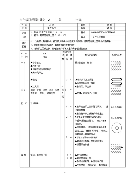 完整word版初中体育七年级跳绳单元教学计划及教案