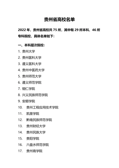 贵州省高校名单（共75所，其中有29所本科、46所专科院校）.docx