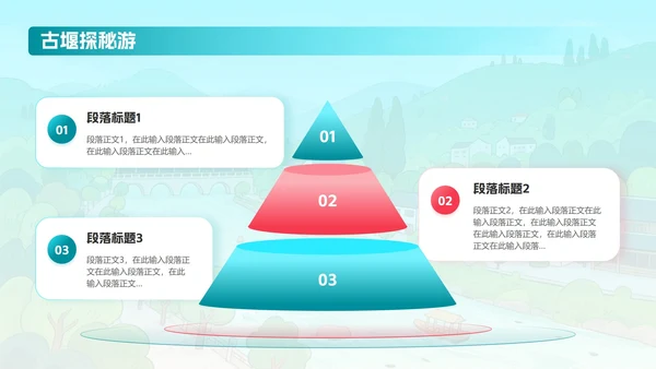 蓝绿色卡通插画可爱都江堰旅游攻略PPT模板