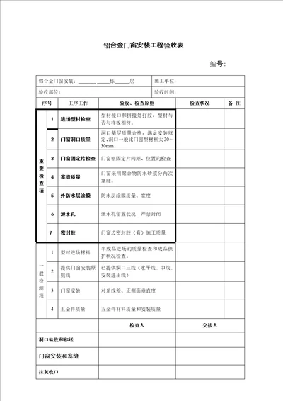 铝合金门窗验收表格