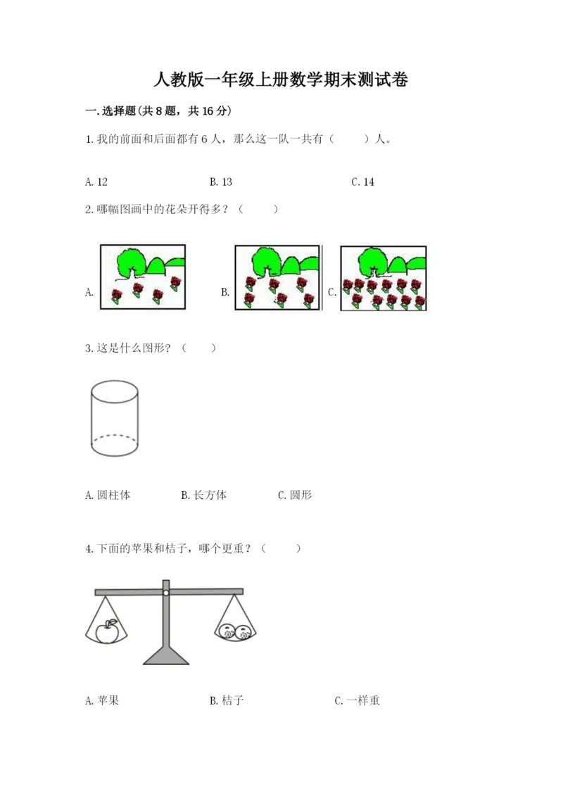 人教版一年级上册数学期末测试卷（典优）word版.docx