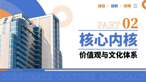 蓝橙色简约商务风企业文化宣导PPT模板