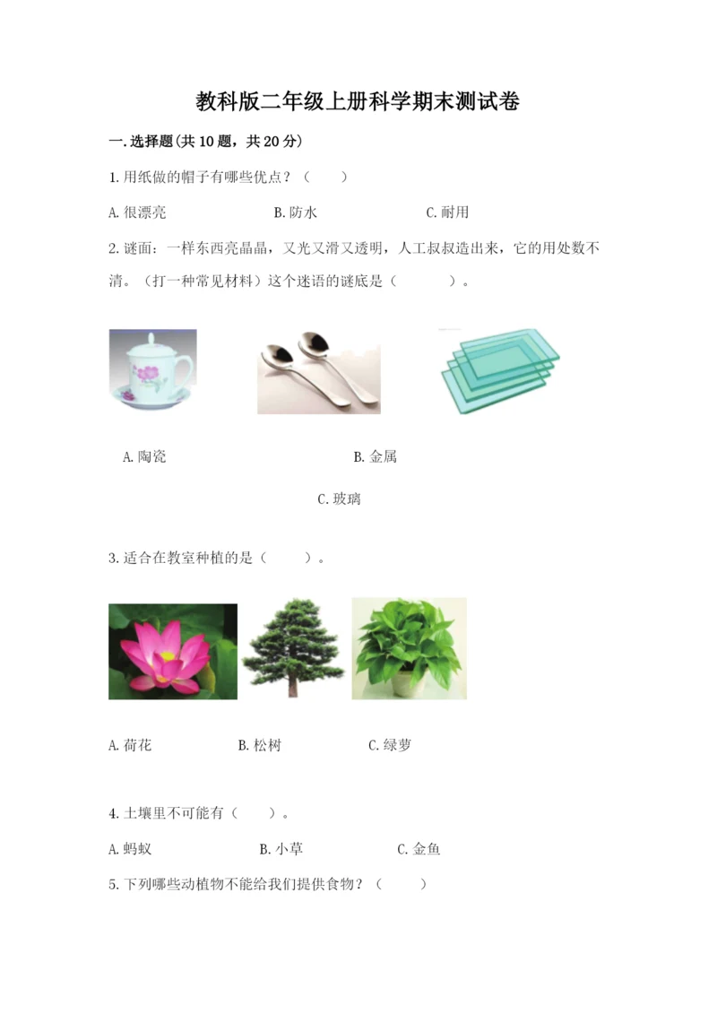 教科版二年级上册科学期末测试卷含答案【巩固】.docx