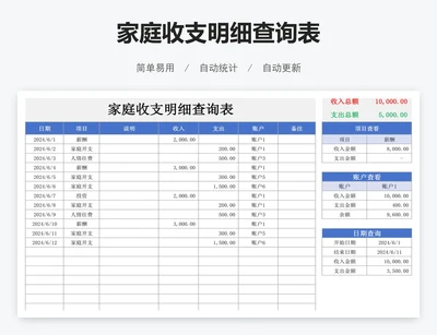 家庭收支明细查询表