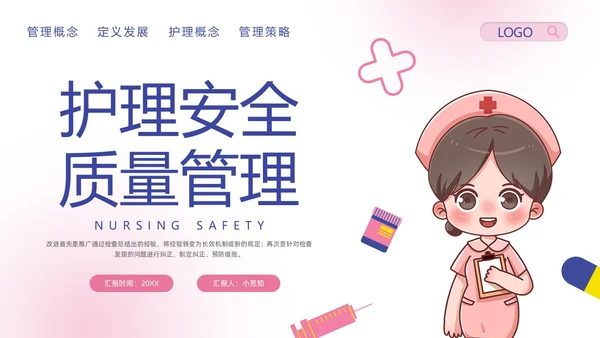 粉紫卡通护理安全质量管理PPT模板宣传PPT动态PPT安全教育