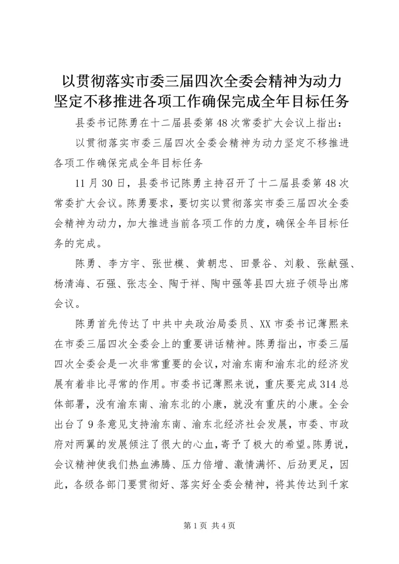 以贯彻落实市委三届四次全委会精神为动力　坚定不移推进各项工作确保完成全年目标任务.docx