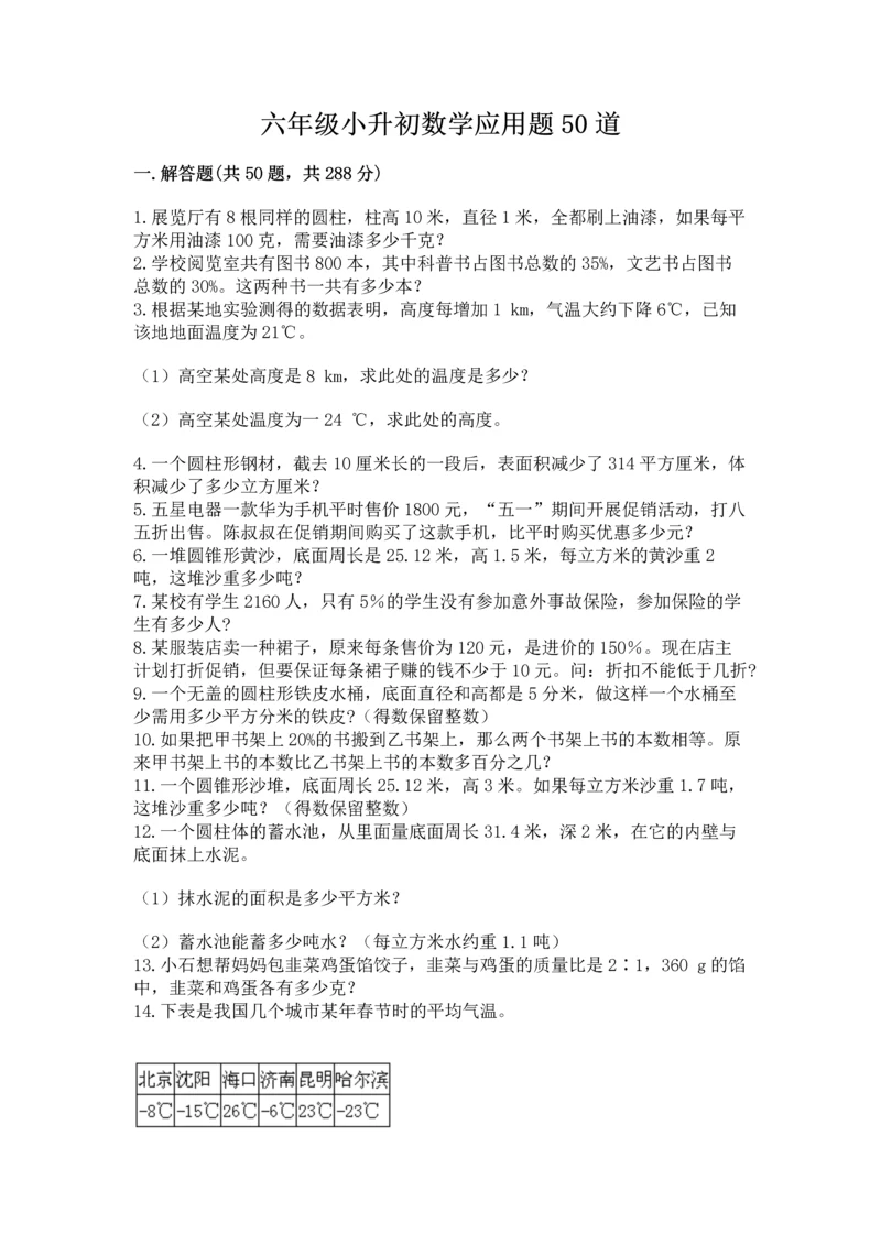 六年级小升初数学应用题50道及完整答案1套.docx