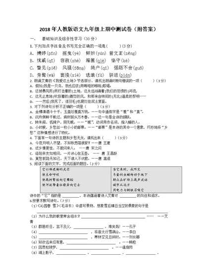 2018部编版九年级语文期中质量检测卷(附答案)