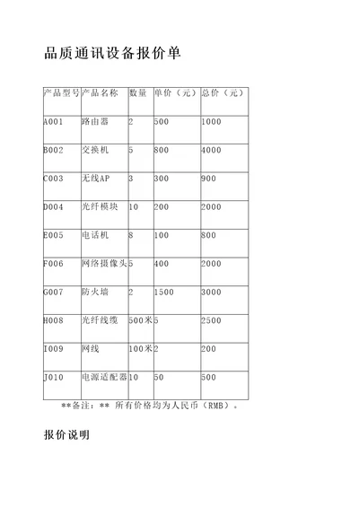 品质通讯设备报价单