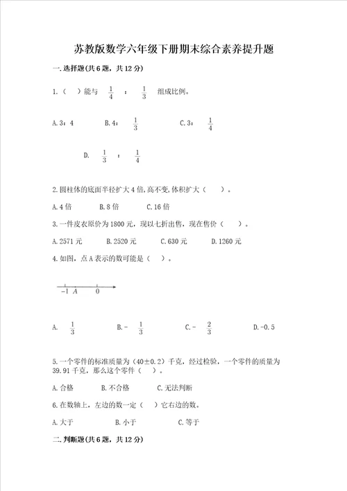 苏教版数学六年级下册期末综合素养提升题重点班