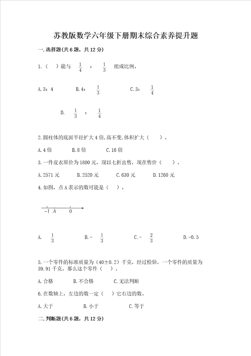 苏教版数学六年级下册期末综合素养提升题重点班