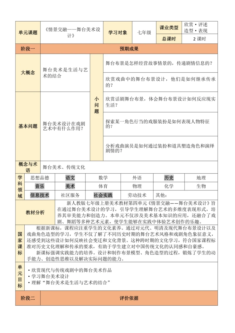 人教版美术七年级上册第四单元 情境交融——舞台美术设计 教学设计（表格式）