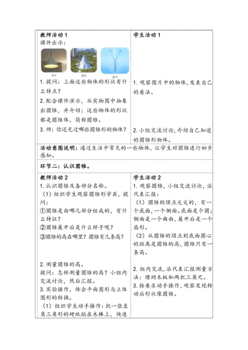 大单元教学【核心素养目标】3.6  圆锥的认识（表格式）教学设计