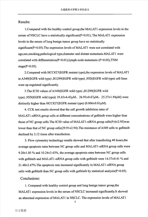 lncrnamalat1降低非小细胞肺癌对吉非替尼药物敏感性的研究