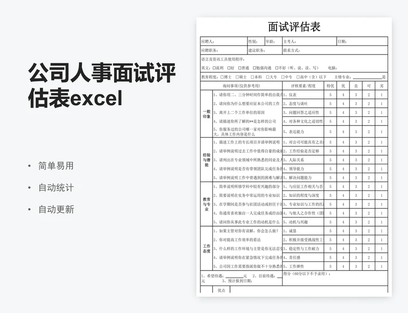 公司人事面试评估表excel表格模板