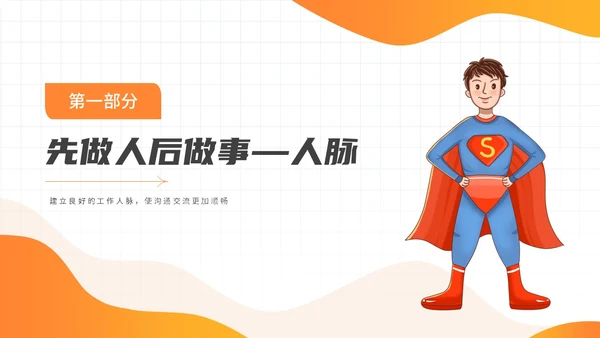 橙色简约插画风超人优秀员工经验分享商务动态PPT