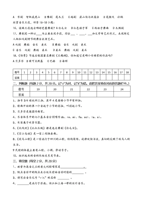 2018年云南省中考音乐模拟试卷