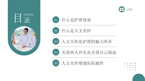 青绿色简约商务人文关怀与优质护理医务人员培训PPT模板