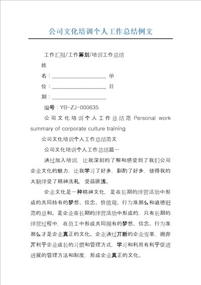 公司文化培训个人工作总结例文