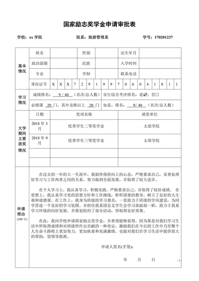 国家励志奖学金申请审批表