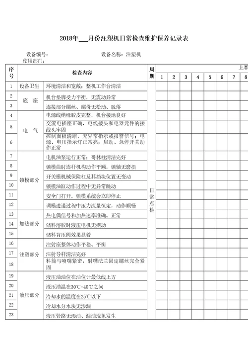 注塑机日常检查维护保养记录表