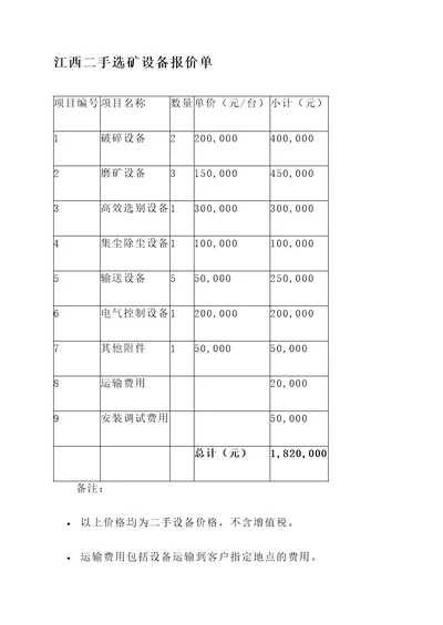 江西二手选矿设备报价单