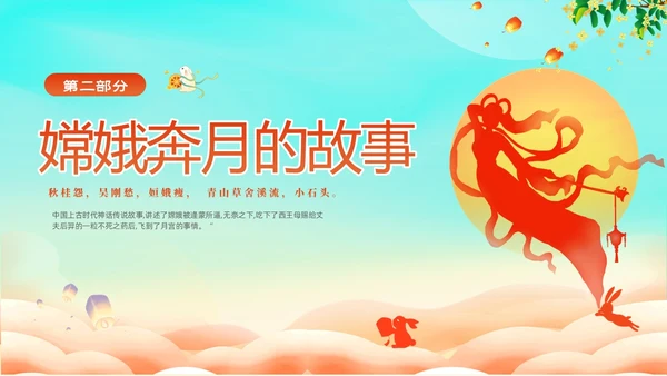 蓝色剪影插画风中国神话故事嫦娥奔月故事PPTz中秋